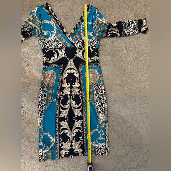 Eva Varro Teal Black Bodycon Dress w Baroque,Chain,Leopard Print size Small - Picture 5 of 8